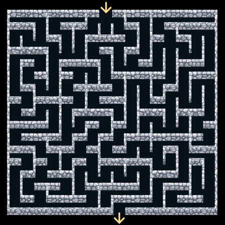3D Maze, labyrinth with stone walls.Dungeon escape or puzzle game level design. Top down view. Vector illustrationのイラスト素材