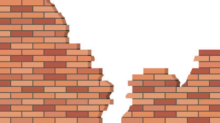 Broken Brick Wall. 3D view, brick stone wall ruined, old building. Background for cartoon .. Flat design style. Vector illustrationのイラスト素材