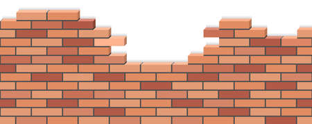 Broken Brick wall. 3D sometric view, red brick stone wall ruins. Background for cartoon or game asset. Seamless pattern. Vector illustrationのイラスト素材