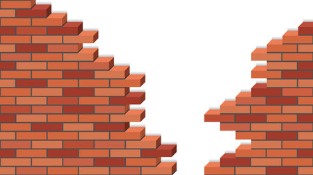 Broken Brick wakk, 3D isometric view. Destroyed red brick stone wall of building, isolated on white background. Flat design style. Vector illustrationのイラスト素材
