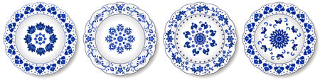 Porcelain plates, blue on white pattern in oriental asian style. Abstract floral ornament with Chinese and Indian design motives. Decorative plate or dish isolated. Vector illustrationのイラスト素材