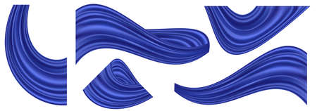 Blue silk swirl waves. Set of isolated curtain drapes on white background, smooth elegant satin texture. Wavy decorative elements, gradient silver blue color flow. Vector illustrationのイラスト素材