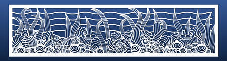 Laser cut panel with underwater design. Wall art, home decor, room divider or screen. CNC cutting stencil. Sea shells and plants pattern. Vector illustrationのイラスト素材