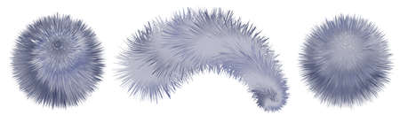 Fur pompoms and balls isolated. Furry realistic shaggy texture. Smoke blue and gray colorful pompons on white background. Vector illustrationのイラスト素材
