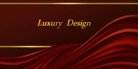Red and gold luxurious background. Dark red velvet or silk wavy swirl drapery and golden glowing border lines. For VIP premium banner or voucher abstract design. Vector illustrationのイラスト素材