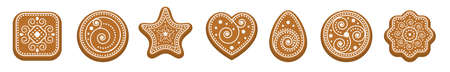 Ginger bread cookies with white sugar icing frost. Set of biscuits, various geometric shapes ornate with abstract pattern. Square, heart, circle, star. Christmas homemade sweets. Vector illustrationのイラスト素材