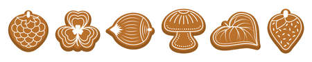 Ginger bread cookies, Figured biscuits with white sugar frost. Mushroom, nut, raspberry, strawberry, leaves. sweet dessert for Christmas or holidays. Isolated on white background. Vector illustrationのイラスト素材