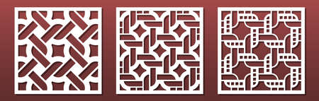 Laser cut panel, cnc stencil. Wall art, home decor, room screens and dividers design, paper cut card background. Abstract geometric pattern. Decorative square panels set. Vector illustrationのイラスト素材