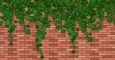 Ivy on brick wall. Climbing ivy foliage and hanging green liana on red brick house wall or garden fence. Seamless repeat pattern, cartoon background. Vector illustration.のイラスト素材