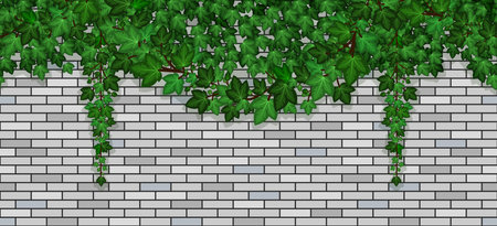 Ivy on brick wall. Climbing green ive foliage on gray brick stones, summer garland on building wall or fence. Seamless repeat pattern, cartoon background. Vector illustration.のイラスト素材