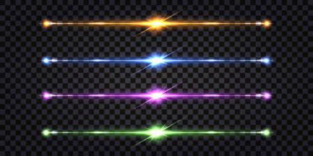 Set of colorful electric discharge light effect. Glowing line wires with flash and shiny stripes. Thunder bolt, lightning collision, colorful impulses. Isolated on transparent background. Vector illustrationのイラスト素材
