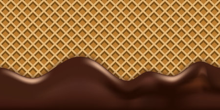Melted chocolate drip on waffle texture. Liquid flowing hot milk chocolate cream syrup and wafer background, sweet dessert vector illustrationのイラスト素材