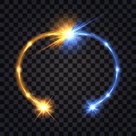 Electric discharge collision; blue vs yellow Glowing electricity light flash, lightning thunder bolt. Circular wire impulses, power battle. Vector illustrationのイラスト素材