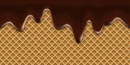 Melted chocolate drip on waffle texture. Dark brown liquid flowing chocolate cream syrup and wafer background, sweet dessert vector illustrationのイラスト素材
