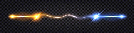 Electric discharge effect. Blue vs yellow electricity clash impulse. Lightning thunder bolt, electricity shock flash, light burst. Power battle with line wire connection. Vector illustrationのイラスト素材