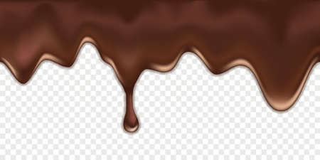 Chocolate creamy melted drip wave. Dark brown chocolate smooth liquid flowing texture on transparent background. Splash drop syrup. Vector illustrationのイラスト素材