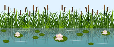 Pond with lotus water lilies and grass reeds. Lake water, leaves and lotus flowers, river reeds. Seamless background, flat cartoon style, vector illustrationのイラスト素材