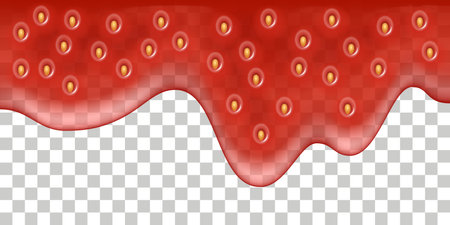 Strawberry jam drip splash, liquid syrup texture. Red strawberry jelly flow isolated on transparent background. Seamless pattern. Vector illustrationのイラスト素材