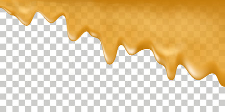 Honey drip splash. Flowing syrup melt, honey, orange jelly or juice, caramel, oil, sweet sauce. Liquid texture, isolated on transparent background. Vector illustrationのイラスト素材