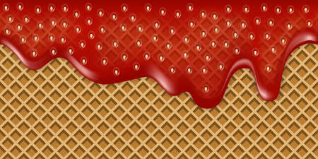 Strawberry jam drip splash with liquid syrup texture on sweet waffle background. Red strawberry jelly flowing, seamless pattern. Vector illustrationのイラスト素材