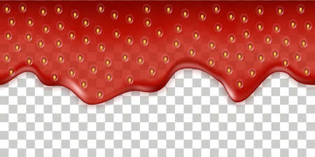 Strawberry jam drip splash, liquid syrup texture. Red strawberry jelly flow isolated on transparent background. Seamless pattern. Vector illustrationのイラスト素材