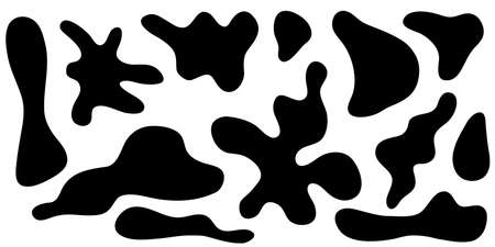 Irregular amorphous blob shapes, liquid amoeba asymmetric forms. Black ink puddle splash, fluid stain isolated on white background. Vector illustrationのイラスト素材