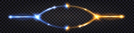 Electric discharge collision; blue vs yellow lightning thunder bolt. Glowing electric shock effect; light flash. Power battle with impulse line wire. Vector illustrationのイラスト素材