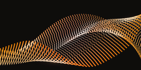 Abstract wave line swirl, Luminous light effect, dot particles synergy, futuristic cyber space, nano technology, data science. Isolated curves on black background, vector illustrationのイラスト素材