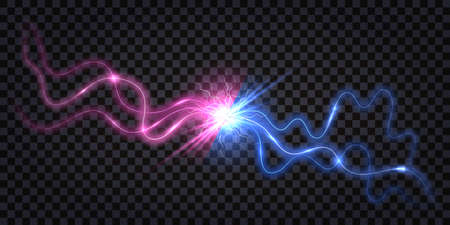 Electric discharge collision; blue vs pink lightning thunder bolt. Glowing electric shock effect; light flash. Power battle with impulse line swirl wire; isolated effect. Vector illustrationのイラスト素材