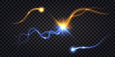 Electric discharge collision; blue vs yellow lightning thunder bolt. Glowing trail, electric shock light flash. Power, technology, impulse wire isolated. Vector illustrationのイラスト素材