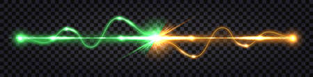 Electric discharge shock effect, yellow vs green light clash. Lightning thunder bolt, power energy flash explosion. Impulse line wire isolated on dark transparent background.のイラスト素材