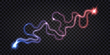 Electric discharge wave swirl, blue vs red light glow. Lightning thunder bolt, power energy flash explosion, wire cable isolated on dark background. Vector illustrationのイラスト素材