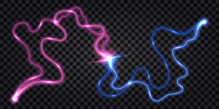 Electric discharge wave swirl, clash shock effect, blue vs pink lightning thunder bolt. Glowing light, wavy electrical wire cable, power energy explosion. Vector illustrationのイラスト素材