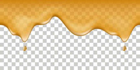Maple syrup, honey drip spill, flowing melted liquid. Sweet dessert, fruit orange juice, caramel, leaking sauce. Isolated on transparent background. Vector illustrationのイラスト素材