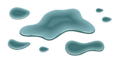 Water puddle, spill drip, liquid water drops isolated. Flowing splash, smooth amorphous blob, teal colo shapes. Flat cartoon design on white background. Vector illustrationのイラスト素材