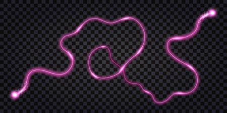 Electric wave swirl wire, discharge shock, lightning thunder bolt, Pink color electrical cable, connection impulse, light flash explosion. Isolated on transparent background. Vector illustrationのイラスト素材