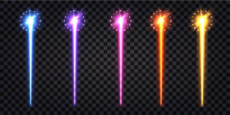 Neon glowing stick, laser beam with flash bolt and shiny sparks. Magic wand or rod or cyber energy weapon. Fantasy or fantastic cartoon style, design element. Vector illustrationのイラスト素材