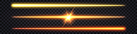 Laser neon light beam, glowing stick with flash explosion enrgy effect. LED luminous lines, electric impulse. Isolated on dark transparent background. Vector illustrationのイラスト素材