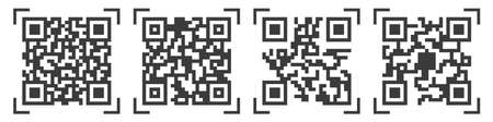 Qr code icons. Product label mark for scan. Square qrcode stickers isolated, black on white background, random lines. Vector illustrationのイラスト素材