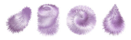 Fur pompoms, fuzzy fluffy texture. Ball, brush, feather, furry shapes isolated, purple colorful 3d objects. vector illustration.のイラスト素材