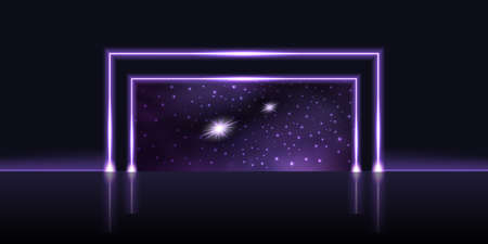 Neon gate, portal to galaxy space. Purple glowing door to cosmic world with star nebula, magic or techno futuristic design element. Dark night sky, vector illustrationのイラスト素材