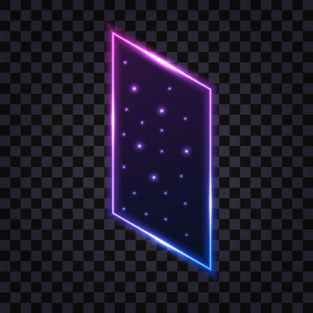 Neon gate, portal to galaxy space, isometric view. Light glowing effect, purple neon door or window frame, star nebula in opening, dark night sky. Isolated element, vector illustrationのイラスト素材