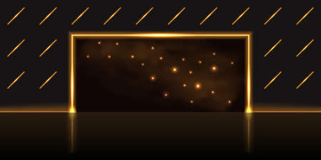 Gold glowing gate, portal to magic galaxy space with golden smoke and sparkles. Neon light effect. Techno futuristic design, glowing neon streak lines, laser beams. vector illustrationのイラスト素材