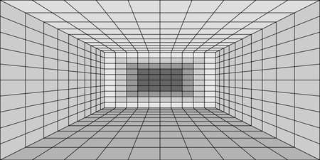 3d room corner with perspective grid. interior wireframe lines, virtual reality background, tech design, wall and floor tile grid with one point perspective view. vector illustrationのイラスト素材
