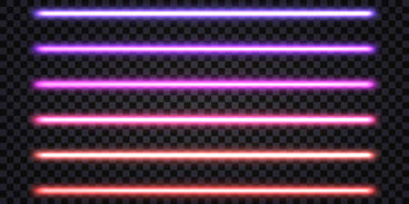 Neon laser beams, glowing sticks with fluorescent light effect. iridescent spectrum blue, purple, pink, red colors. electric thunderbolt, shiny ray lines isolated. vector illustrationのイラスト素材