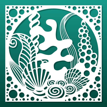 Laser cut panel with undersea world design. CNC cutting stencil for wall art, coaster, privacy screen decor. Underwater ocean, seaweed, coral reef, seashells. vector illustrationのイラスト素材