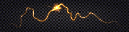 Lightning thunder bolt, electric discharge shock effect. Yellow glowing crack, flash light explosion. Luminous electricity strike collision. Vector illustration, isolated on transparent backgroundのイラスト素材
