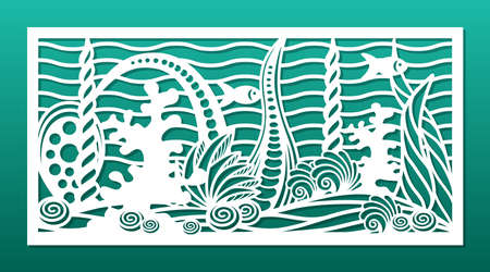 Laser cut panel with ocean underwater design. CNC cutting template, wall art, room privacy screen, wall hanging, for home interior. Undersea world, coral reef, weeds, seashells. vector illustrationのイラスト素材