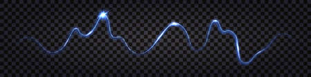Blue discharge electric, lightning bolt. Wavy swirl cable with glowing shock light effect and flash explosion. Impulse signal isolated. Techno design abstract vector illustrationのイラスト素材