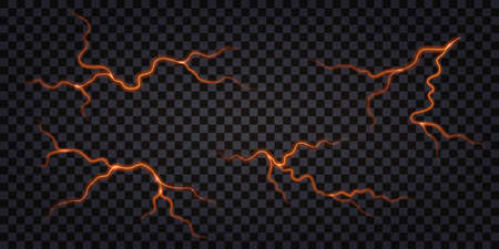 Earthquake ground cracks with lava fire lines, hot magma breaks and swirls. Liquid volcano lava cracks top view isolated on transparent background. vector illustrationのイラスト素材